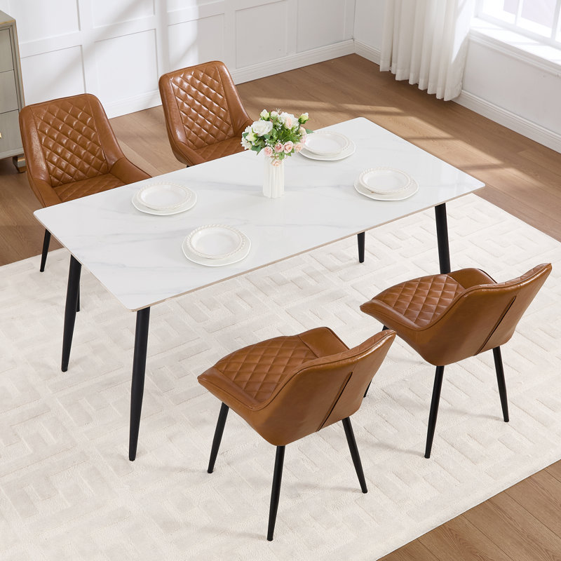 Faux Leather Upholstered Metal Dining Chair, Brown, 4