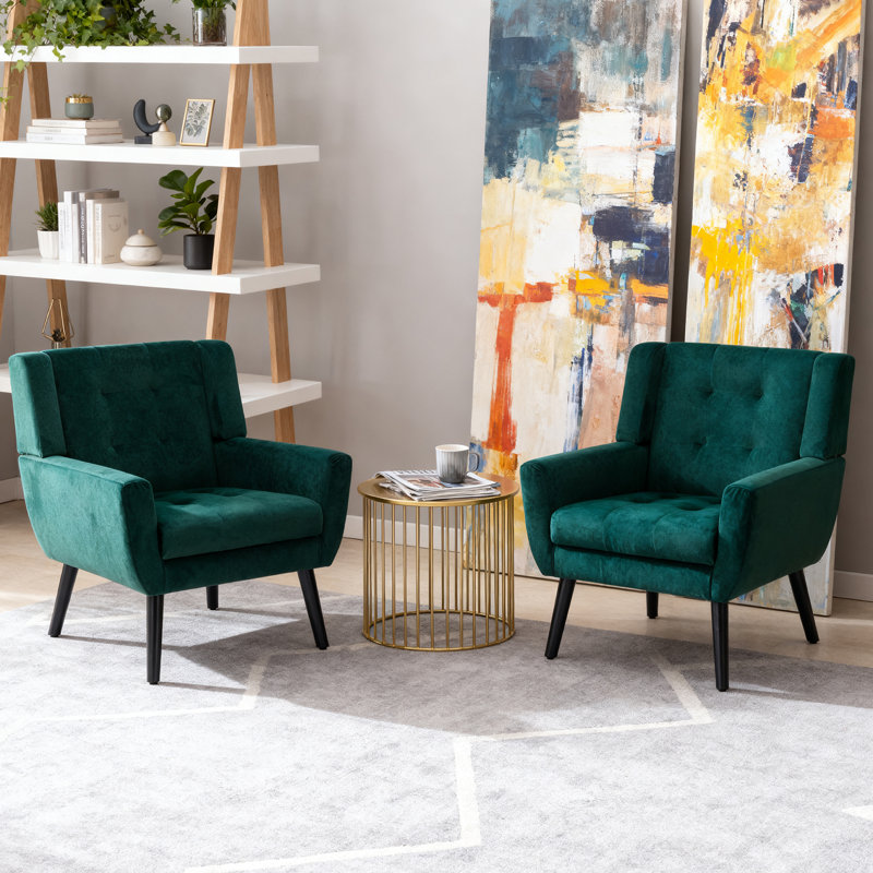 Tufted Upholstered Wide Back Armchair（Set of 2）, Dark Green Velvet