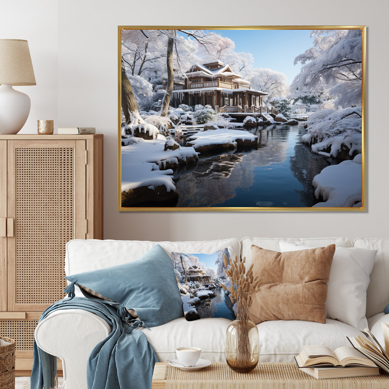 Japon Art Snowy Hot Bath III - Japan Art Wall Decor, H 34 po x l 44 po x P 1,5 po, Cadre flottant doré