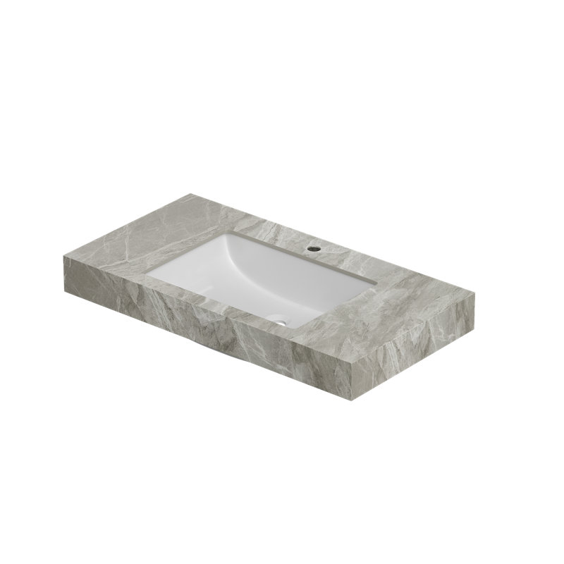 Comptoir en pierre frittée gris clair 36 po et lavabo encastré en céramique Muri avec un trou de robinet pré-percé standard, sans armoire, sans robinet et couvercle de lavabo