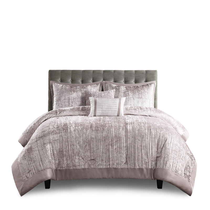 Édredon 5 pièces pour lit double / grand - velours froissé avec 2 taies décoratives et coussins décoratifs attrayants, Rosé