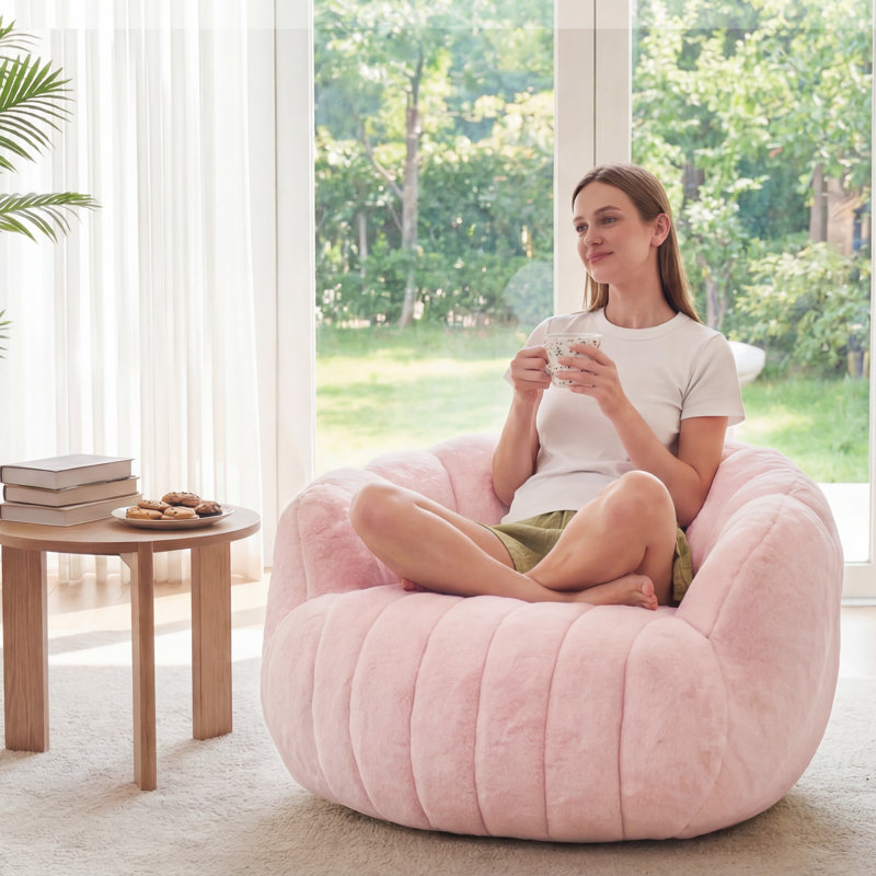 Compression Plush Pumpkin Bean Bag Chair, High-Density Foam Filled Lounge Chair, Pink
