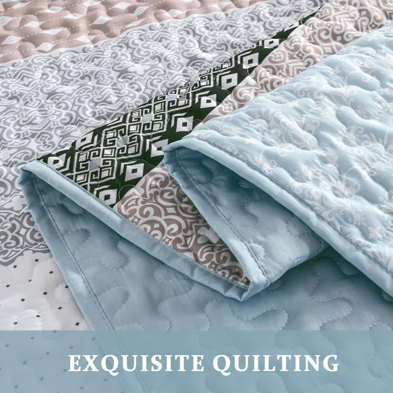 3-Piece Bohemian Stripe Quilt Set Lightweight Microfiber All Season, Queen Quilt + 2 Queen Pillowcases, Blue/Brown