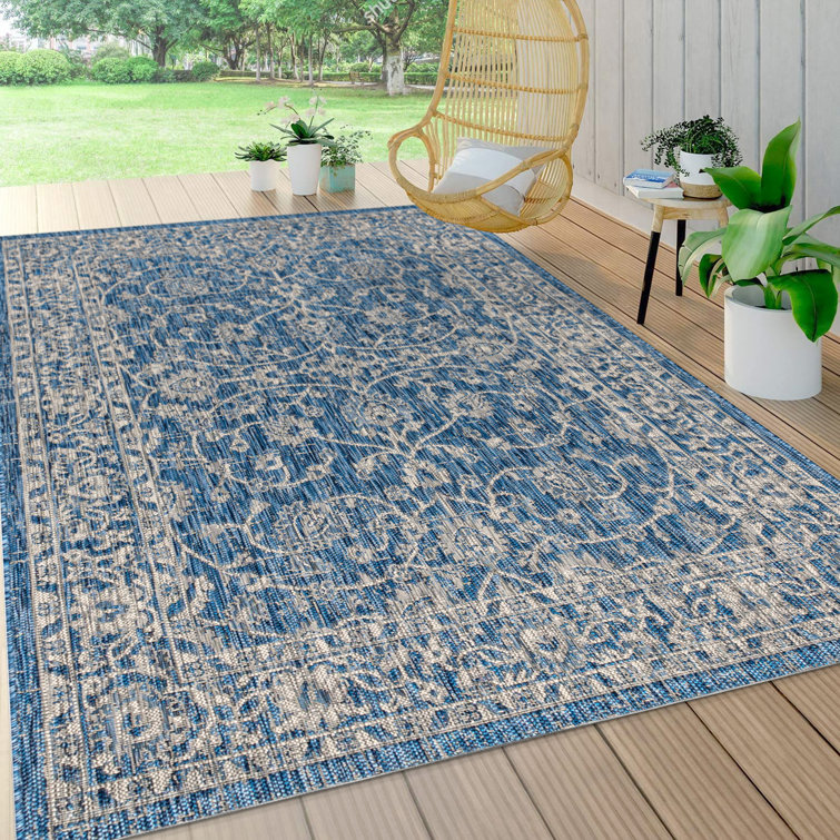 Haupt Vine and Border Textured Weave Navy/Gray Indoor/Outdoor Rug