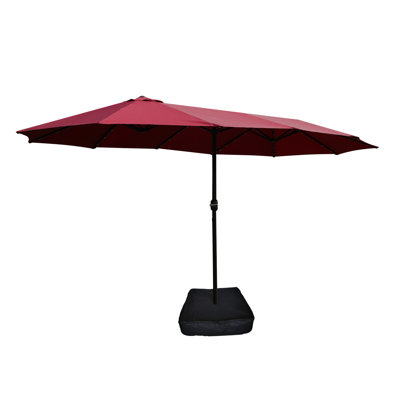 15x9ft Large Double Outdoor Patio Umbrella - Red With And Base. Extra Shade Area For Backyard, Pool. Weather- Canopy, Steel Frame, Convenient Crank, Wind Vent Design Rectangular Base In Red.