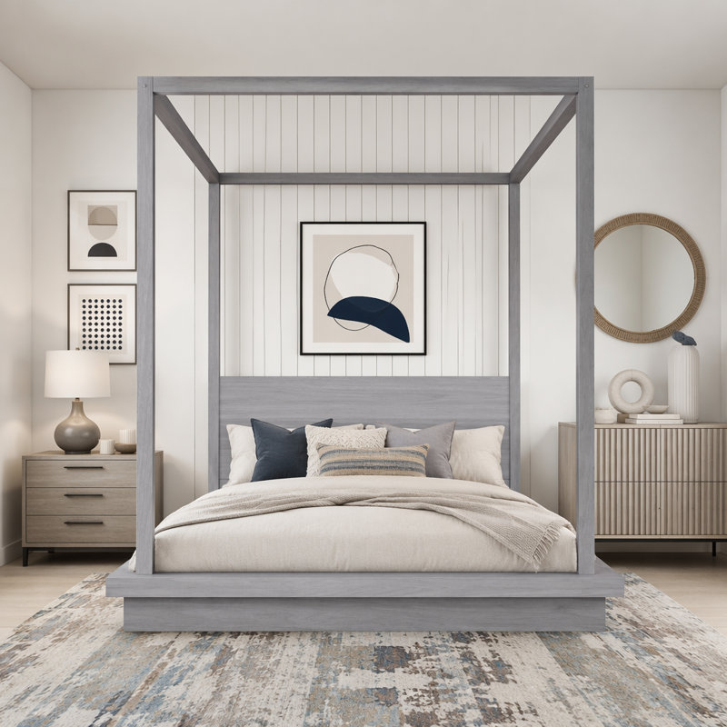 Lit plateforme à baldaquin en bois avec tête de lit, Gris, Grand lit