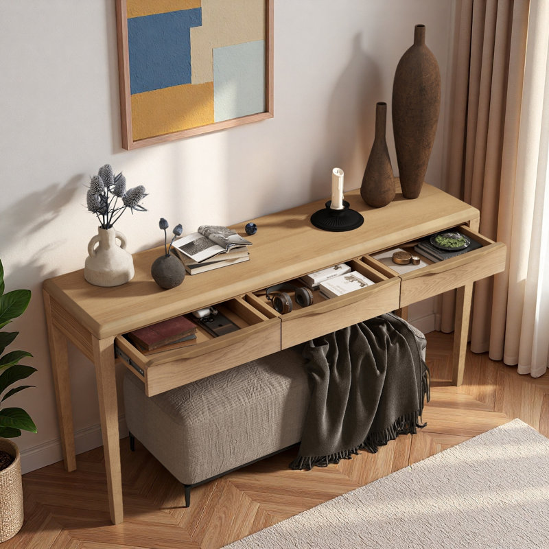 Console élégante avec poignées incurvées en forme de vague, conception à coins doux et 3 tiroirs, Naturel