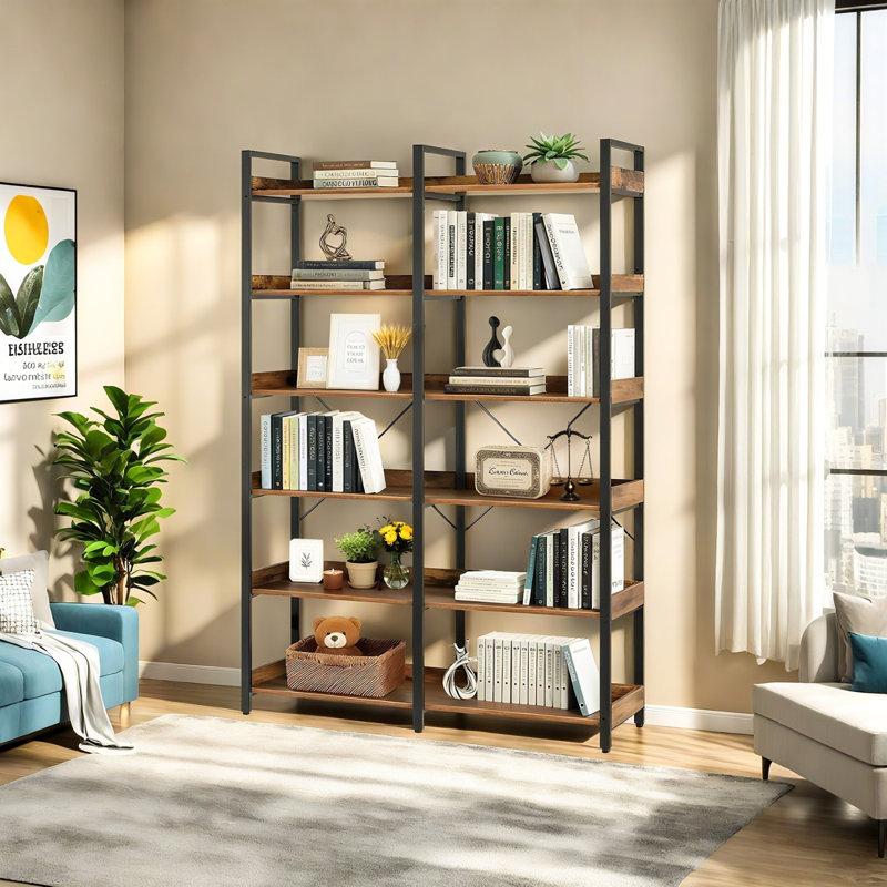 6-Tier Industrial Bookshelf, 67" Wooden Bookshelf With Open Shelves, Freestanding Metal Frame Bookcase For Storage And Display, Modern Book Shelves For Bedroom, Living Room And Home Office, Brown
