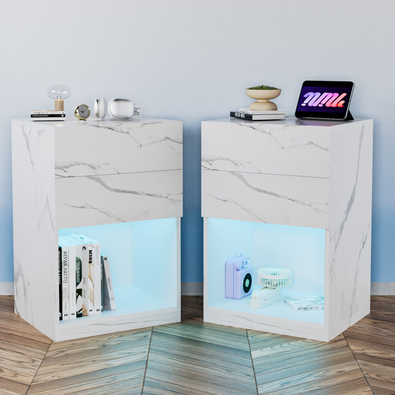 Gerbin Manufactured Wood Nightstand with Charging Station and LED Light, Grey