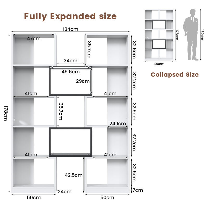 5 Tier Collapsed Tall Bookshelf Etagere Bookcase for Corner Odd Spaces, White