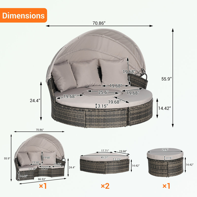 Outdoor Patio Round Daybed with Retractable Canopy and Storable Table, Light Grey