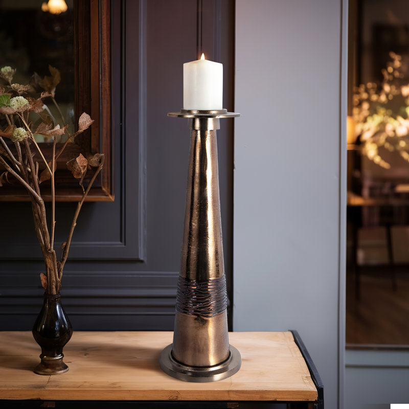 Modern Glass and Aluminum Pillar and Taper Holder with Sculptural Metallic Form and Wrapped Midsection Detail for a Sleek Decorative Accent in Contemporary Stylish Home Decor Settings