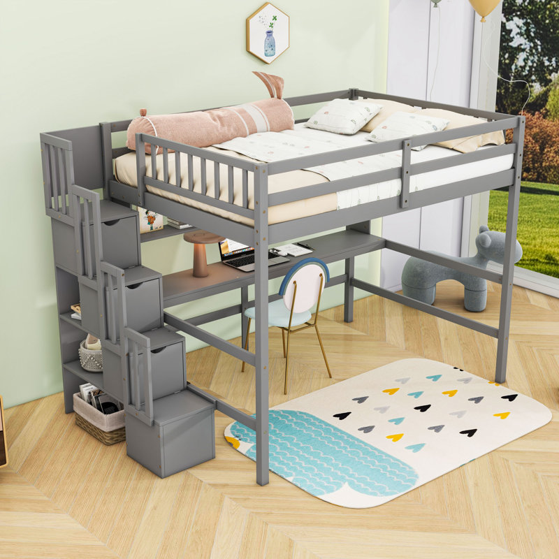 Harriet Bee Full Wood Loft Bed With Built-In Desk And Storage Staircase ...