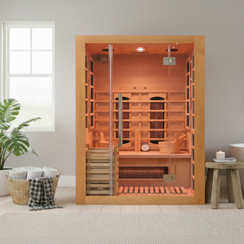 Smartmak® Combination Infrared and Steam Sauna Room with 3.5 KW Stove Heater, Luxurious Indoor Infrared Sauna Home with 7 Upgraded Heaters, Canadian Helmock, 51" L x 47" W x 75" H (No Backrest)