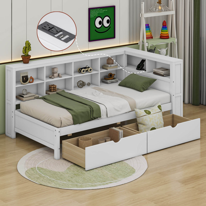 Wooden DayBed with 2 Drawers, Shelf and USB Charging Ports, White, Twin