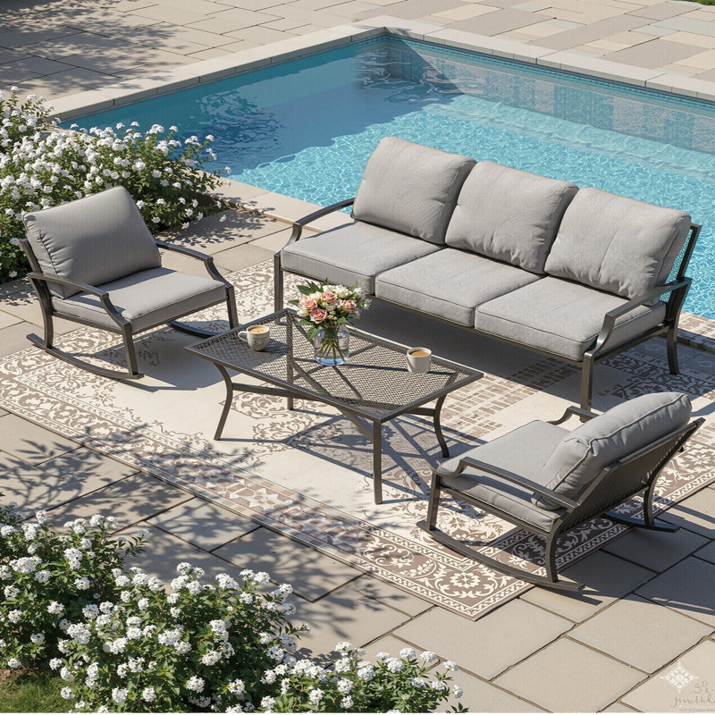 4 Piece Metal Mesh Patio Conversation Bistro Set With Coffee Table, Light Gray