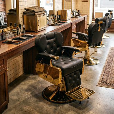 Vintage Reclining Barber Chair With Gold Frame, Tufted Pu Leather, And Hydraulic Pump (supports Up To 550 Lbs.)