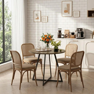 Table de salle à manger ronde 31,5 po pour petite cuisine, table ronde moderne sur pied central avec pattes en métal et plateau aspect bois, table de petit-déjeuner peu encombrante pour 2 à 4 personnes, appartements et coins douillets