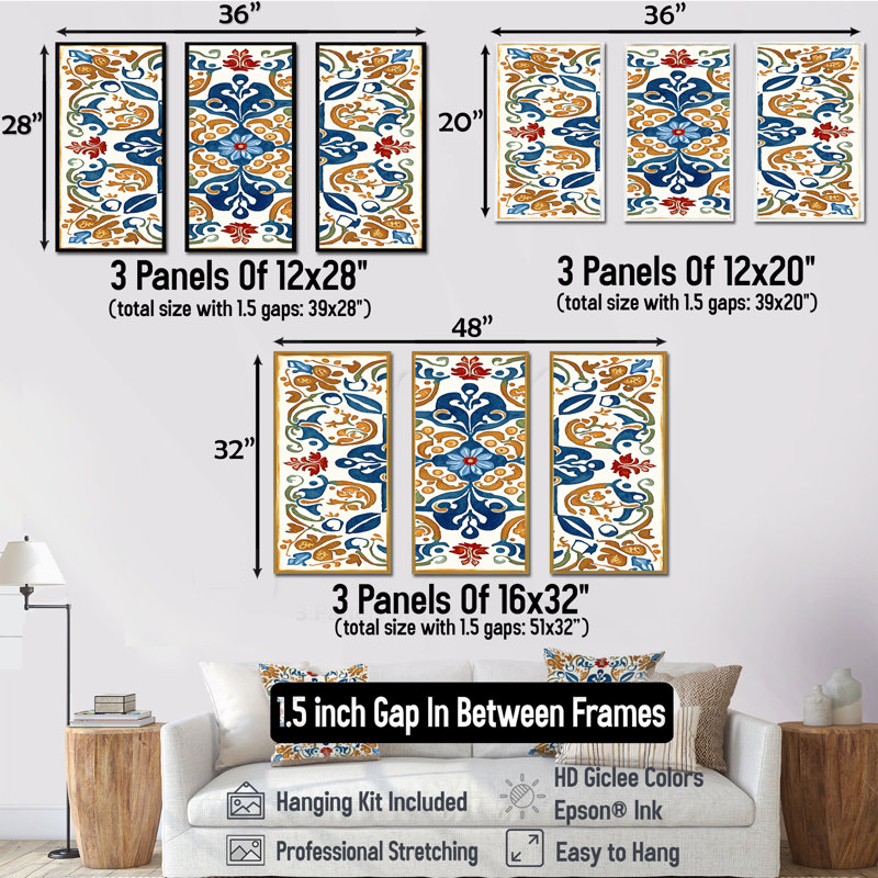«Méditerranée Tiles in Retro Blue VII», reproduction sur toile 3 pièces, H 32 po x l 48 po x P 1 po, Toile avec cadre naturel
