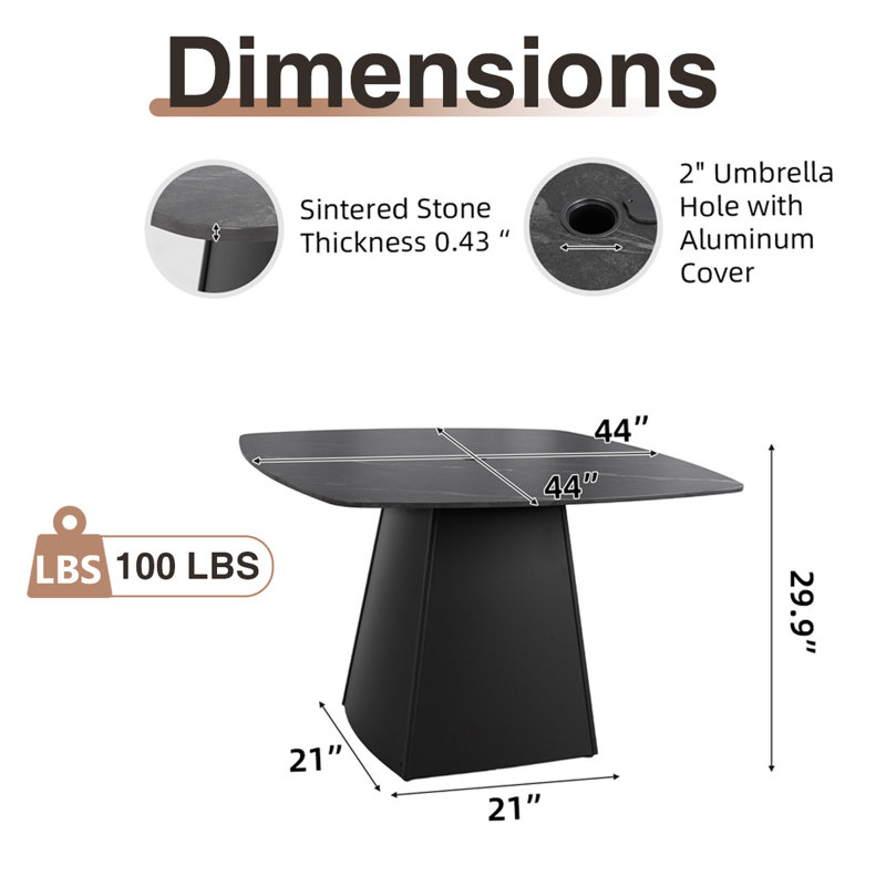 Table de salle à manger ronde pour 4 personnes 44 po avec trou pour parasol, Black