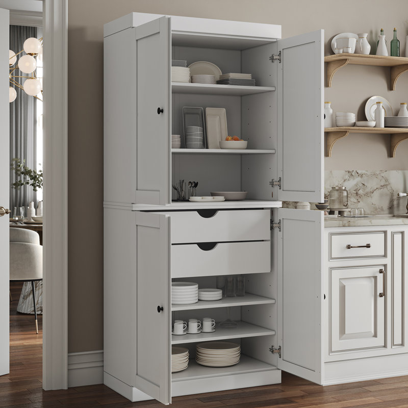 Garde-manger 100% bois massif 32 po avec portes Shaker, 2 tiroirs et tablettes réglables, Blanc