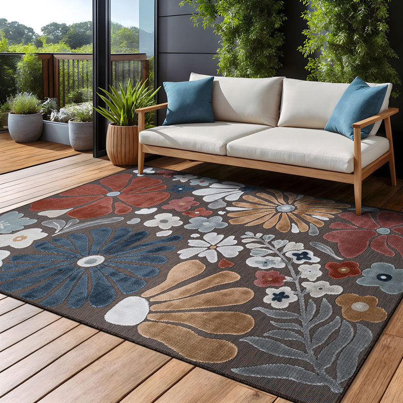Tapis floral d'intérieur pour l'extérieur, Terracotta, Rectangle 10' x 14'
