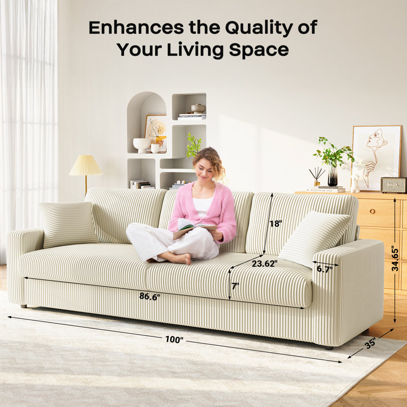 Canapé surdimensionné en velours côtelé de 101 po avec accoudoirs carrés et coussin à ressorts ensachés - beige, Beige