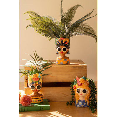  Ceramic Ladies Vases 7.5"H Multi Color Glazed Tropical Decor Set of 3