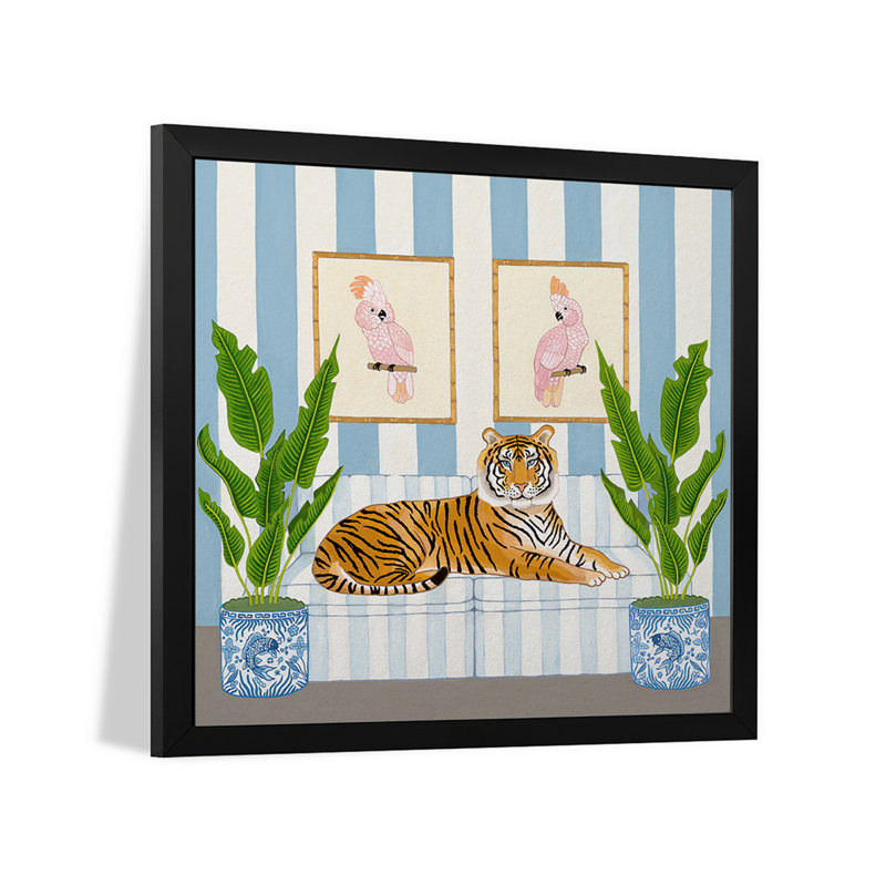 Tigre chinois avec pots à gingembre et cacatoès roses, affiches de qualité supérieure, H 24 po x l 24 po