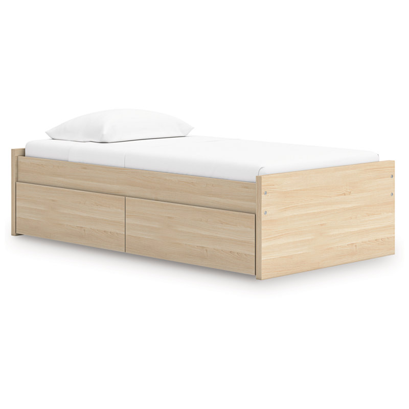 Lit plateforme simple Onita avec 1 rangement latéral, Beige, Lit simple