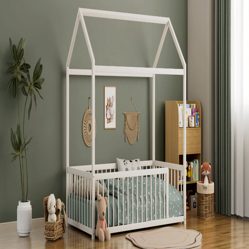 Structure de lit en métal de style Montessori, lit en forme de maison avec clôture, assemblage facile, sans lattes, Blanc
