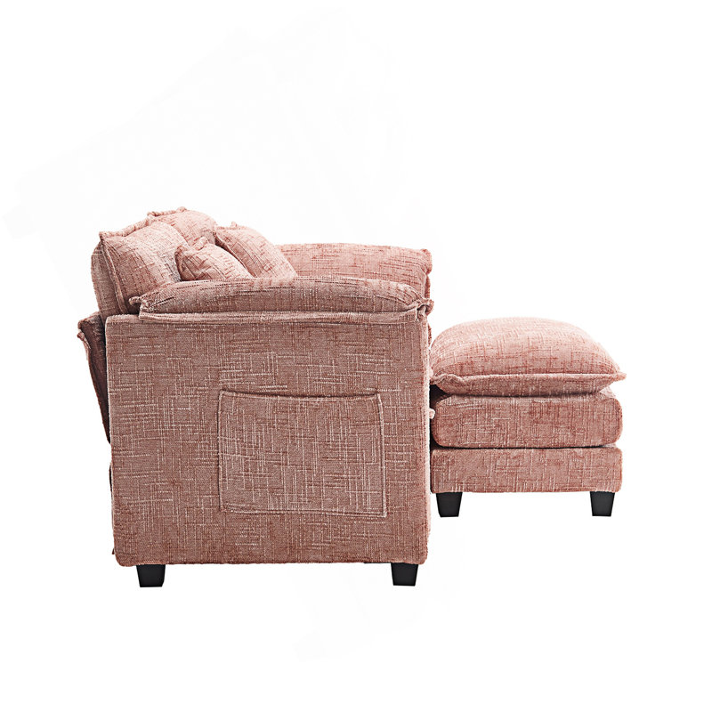 Zuri Upholstered 2-Seater Sectional Sofa with Ottomans, Pink Chenille