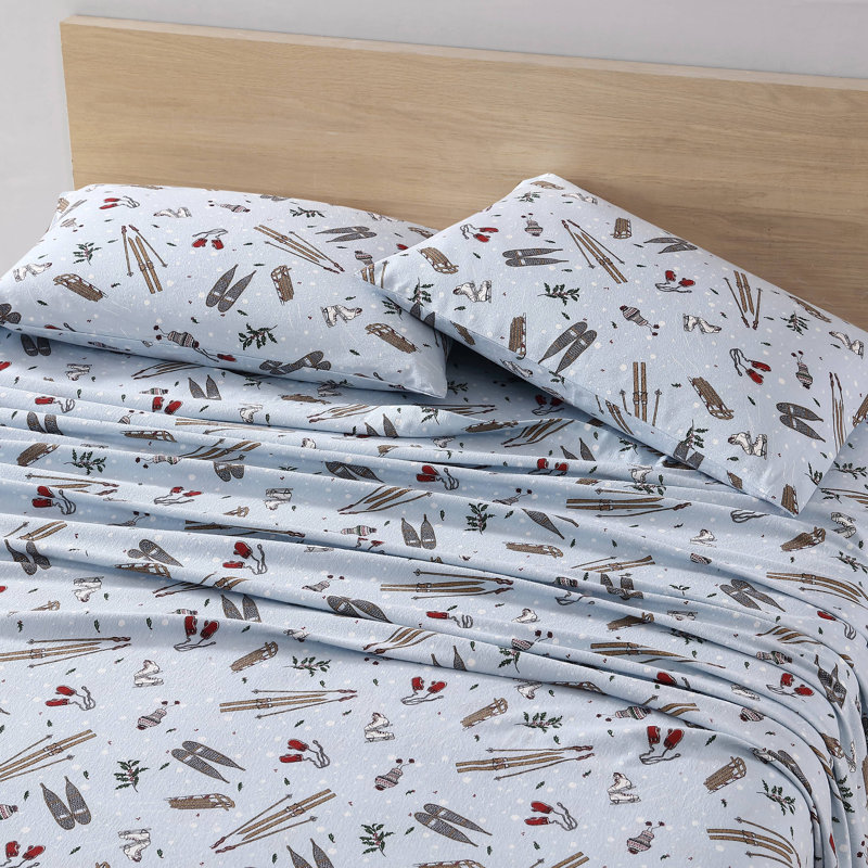 Blue Cotton Flannel Queen Sheet Set with Snow Days Print