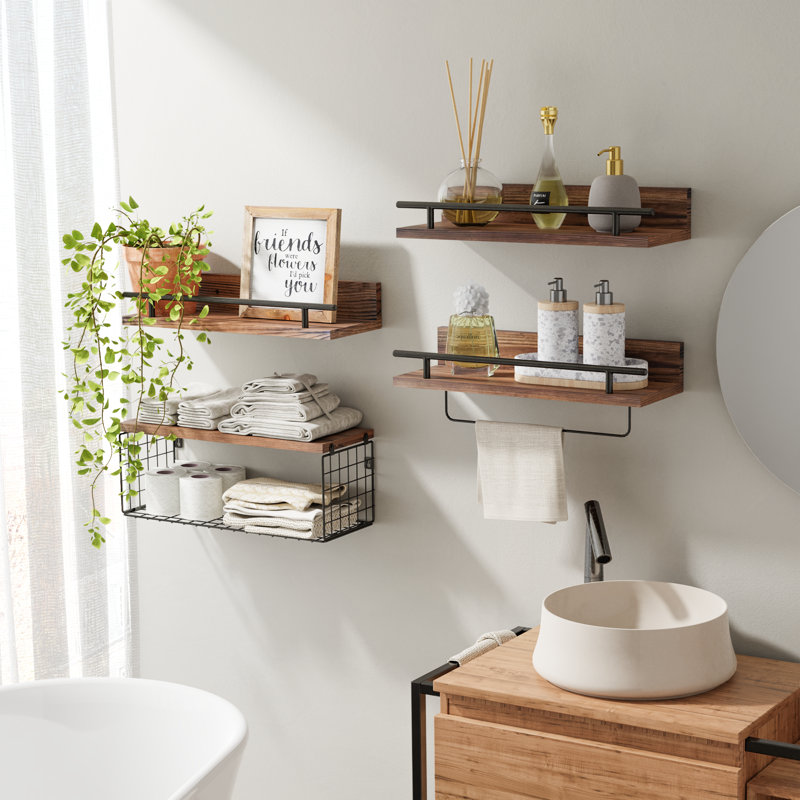 Floating Shelves With Drawer Set Of 2, Wall Baskets, Bathroom Shelf With Protective Guard, Rustic Shelves For Bathroom, Bedroom