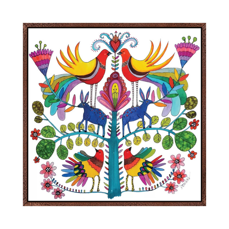 Otomi Love by Sylvie Demers - Painting on Canvas, 45.72 cm H x 45.72 cm W, Classic Brown Wood Framed