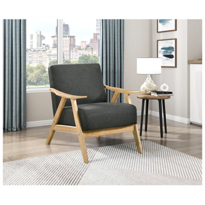 Modern Dark Gray Fabric Upholstered Accent Chair with Natural Solid Rubberwood Frame