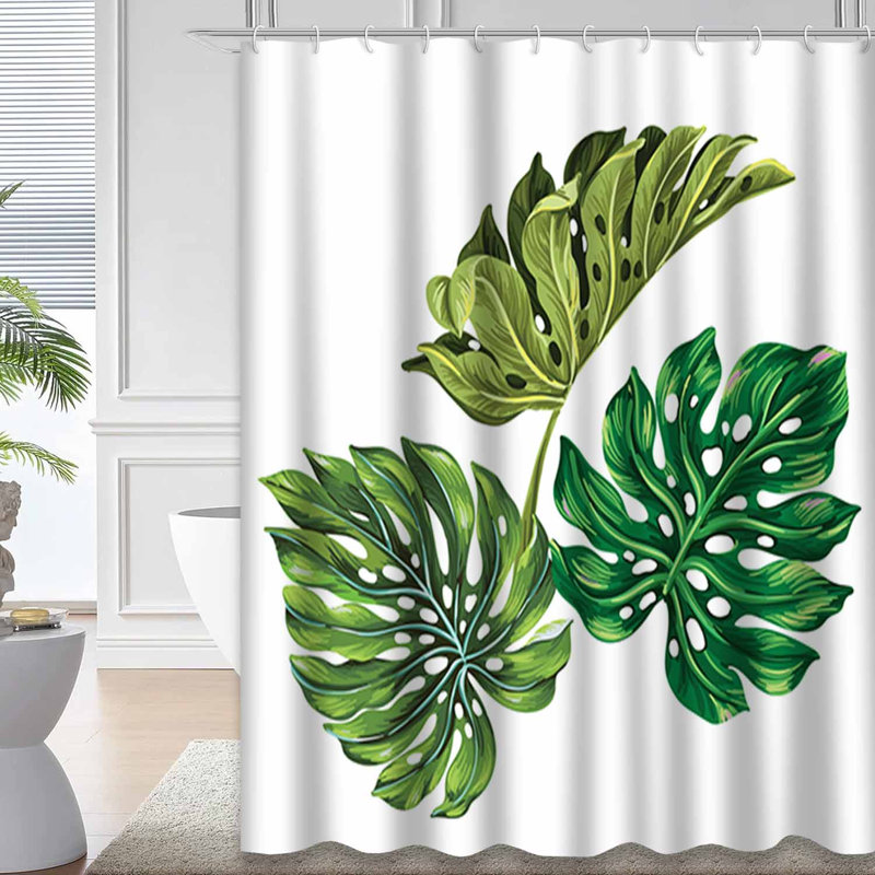 Rideau de douche blanc à motif de feuilles de palmier tropical avec 12 crochets, L 72 po x l 84 po