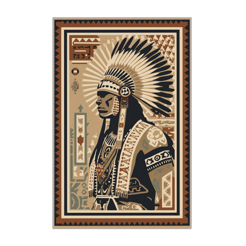 Soft Plush Duppstadt Shamanic Warrior Global Inspired Block Print Area Rug in Brown – Beige Binding, 3x5