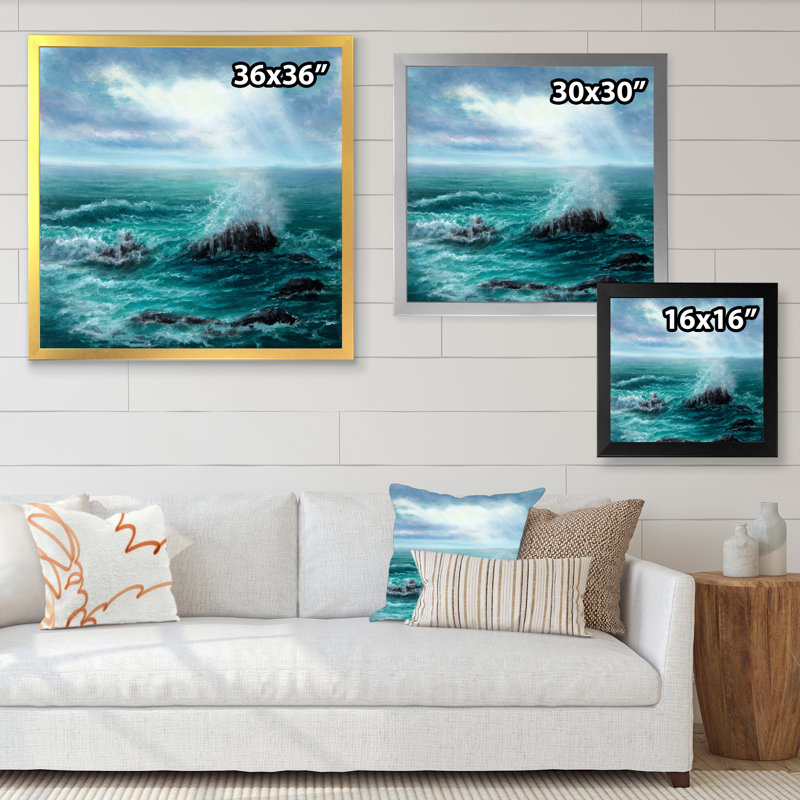 Wild Blue Ocean Waves II - On, H 16 po x l 16 po x P 1 po, Toile avec cadre noir