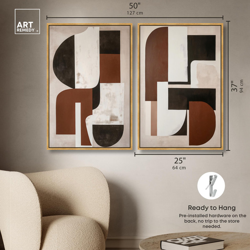 «Neutral Luxe Boho Art», ensemble de 2 impressions sur toile par , Impression dans un cadre flottant sans passe-parto, Doré