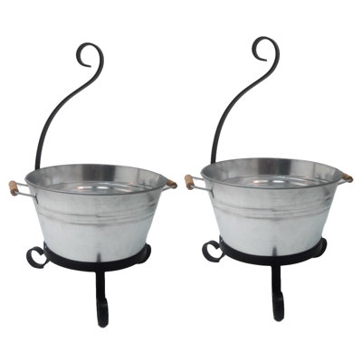 Ensemble de 2 pots de fleurs galvanisés émaillés avec support en fer