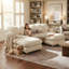 Ensemble de salon modulaire 5 pièces en chenille avec 2 poufs, 6 coussins ronds et pieds en bois massif, couleur crème ivoire-133423025