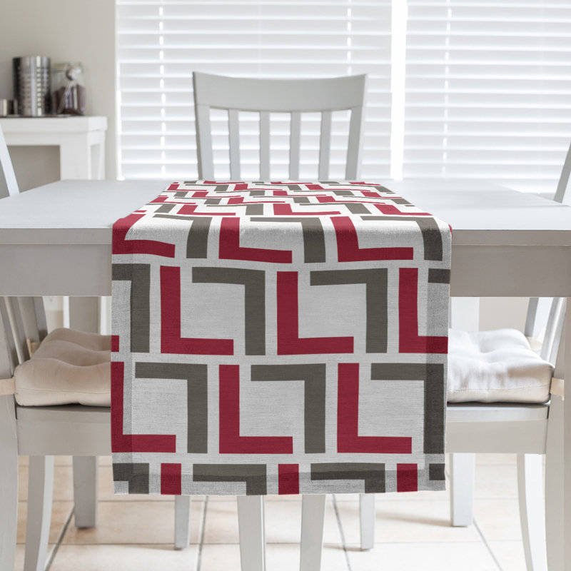 Chemin de table Tampa, 90 po x 16 po, Blanc / rouge / étain, Coton