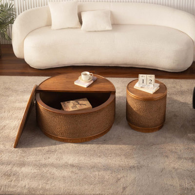 Table basse ronde en rotin avec rangement amovible, garniture en corde de chanvre tissée à la main, style boho-chic, parfaite pour les salons confortables et les espaces compacts