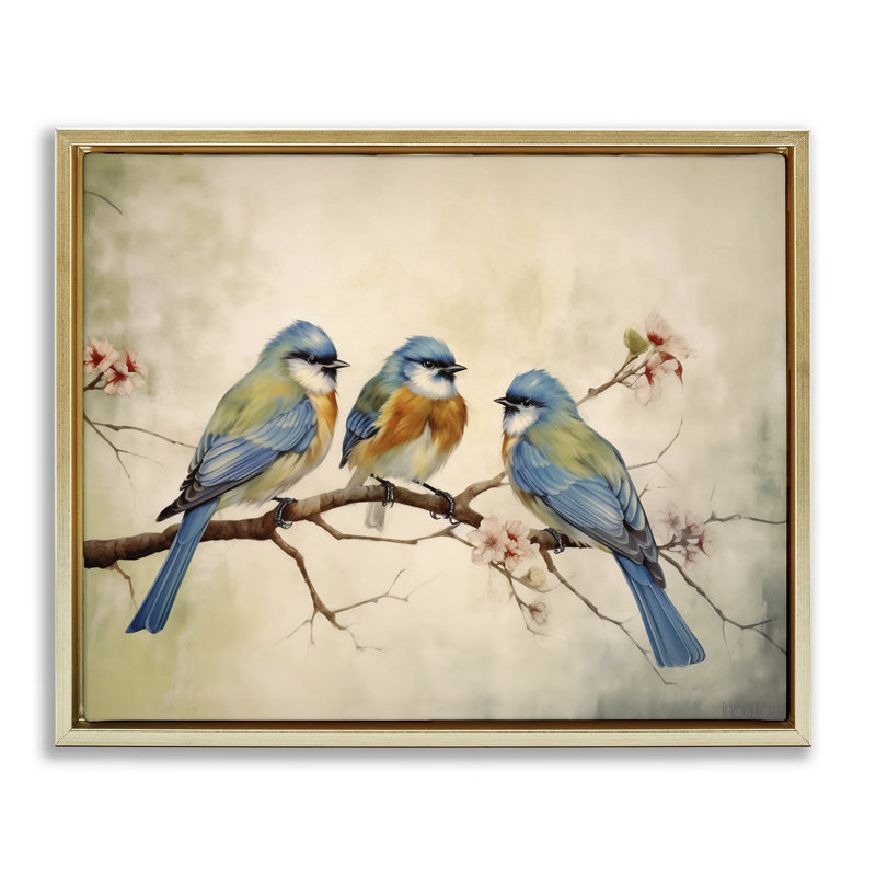 Trio d'oiseaux sur un cadre flottant branche, design par Arlington Prints, H 17 po x l 21 po, Cadre flottant métallique doré