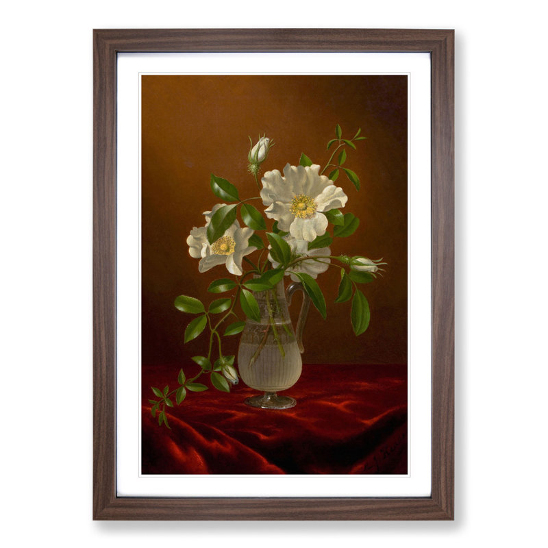 Cherokee Roses in a Vase by Martin Johnson Heade - Picture Frame Painting, Walnut Framed, 36cm H x 27cm W x 2cm D