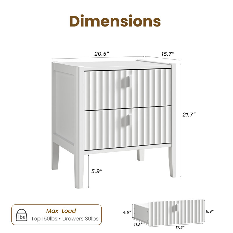 Table de chevet avec 2 tiroirs (ensemble de 2), Blanc