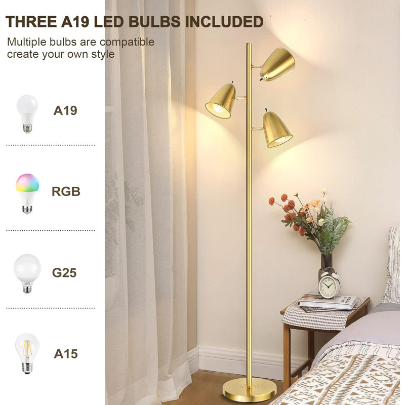 Brushed Gold Adjustable Tree Floor Lamp with Metal Shades