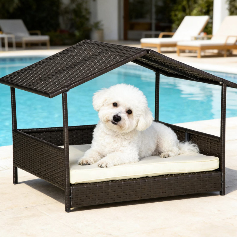 Lit d'extérieur pour animaux avec auvent en PE, coussin confortable, fond surélevé, convient aux petits et moyens animaux de compagnie, L 38,5 po x l 27,25 po, H 27,5 po, capacité de 110 lb, chiens amovibles, utilisation à l'intérieur, H
