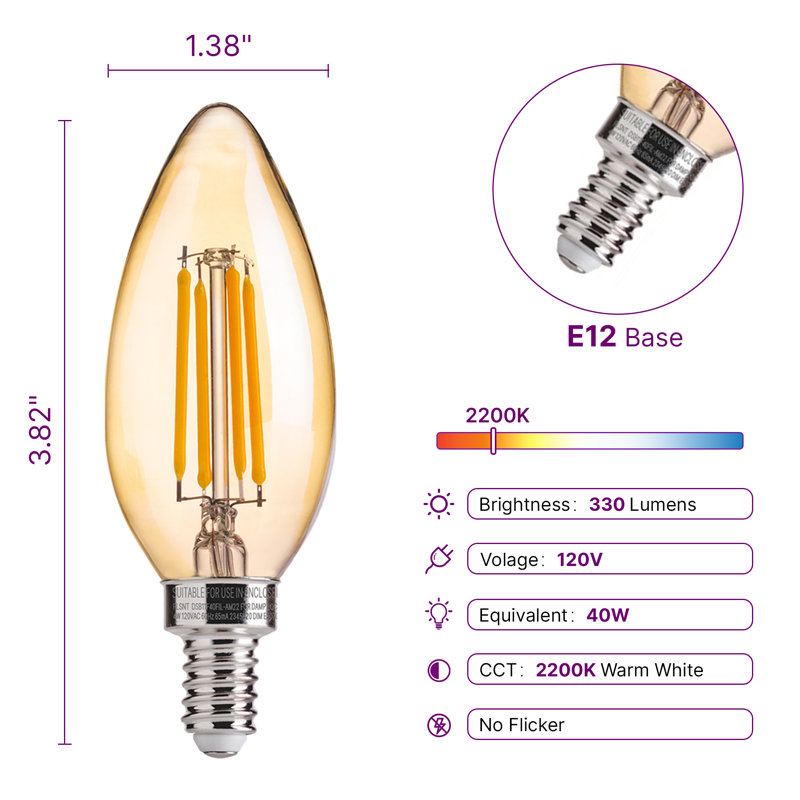 B11 E12 Dimmable LED Candelabra Bulbs, 40W Equivalent, 2200K Soft White, Amber Bulbs